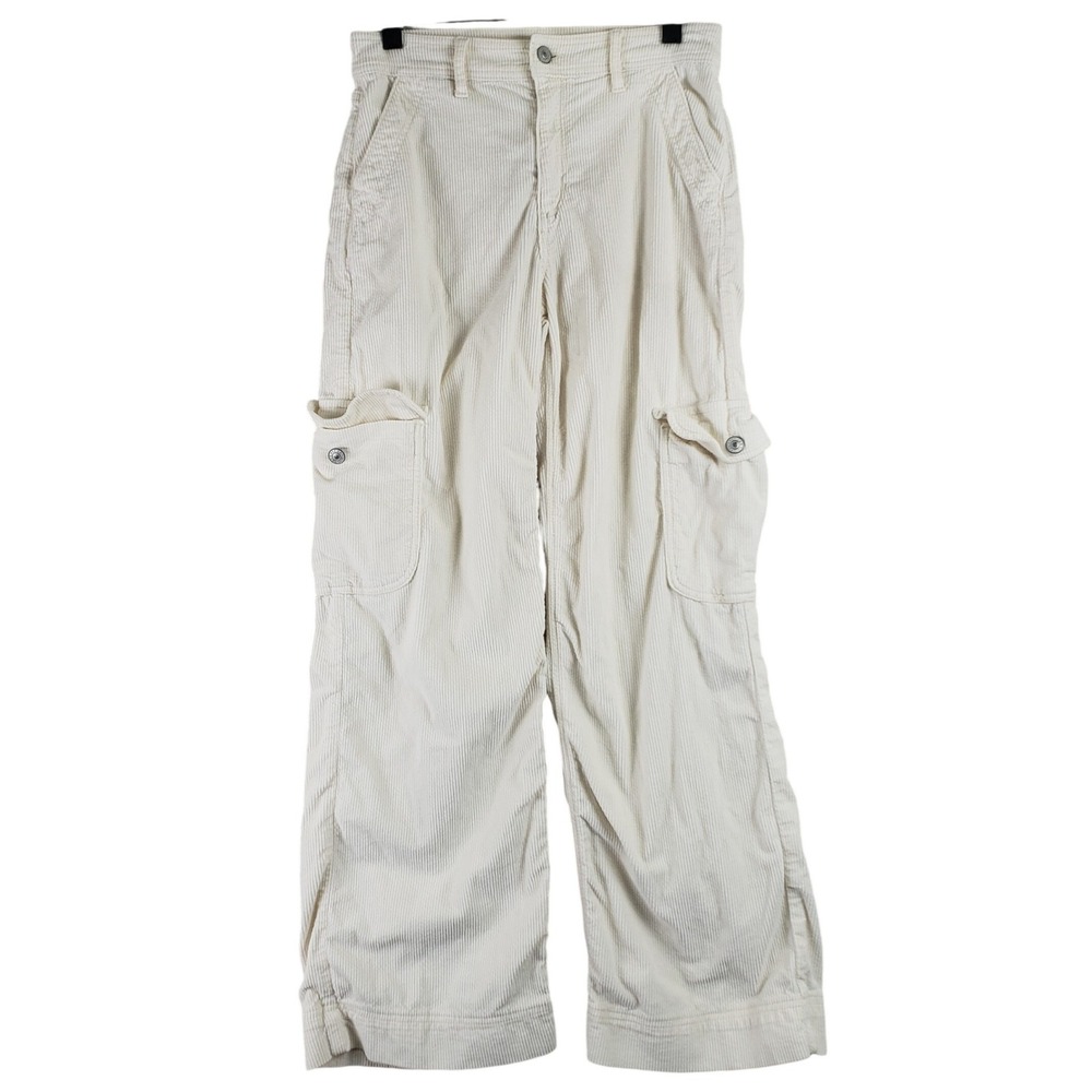 American Eagle Stretch Wide Leg Cargo Pants Women 2 Cream Corduroy Utility